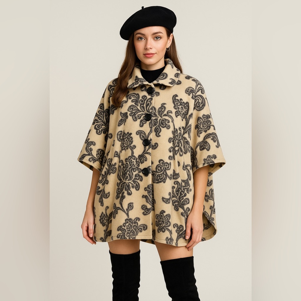 Le Moda Women’s Beige & Black Floral Fleece Cape Coat – Button Front